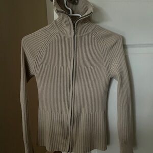 Ribbed Zip Up Turtleneck Sweatshirt Beige